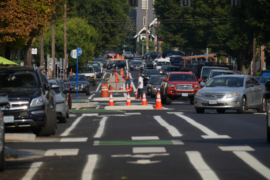 First Look at New Bike Lane — and One Less Car Lane — on NE Broadway