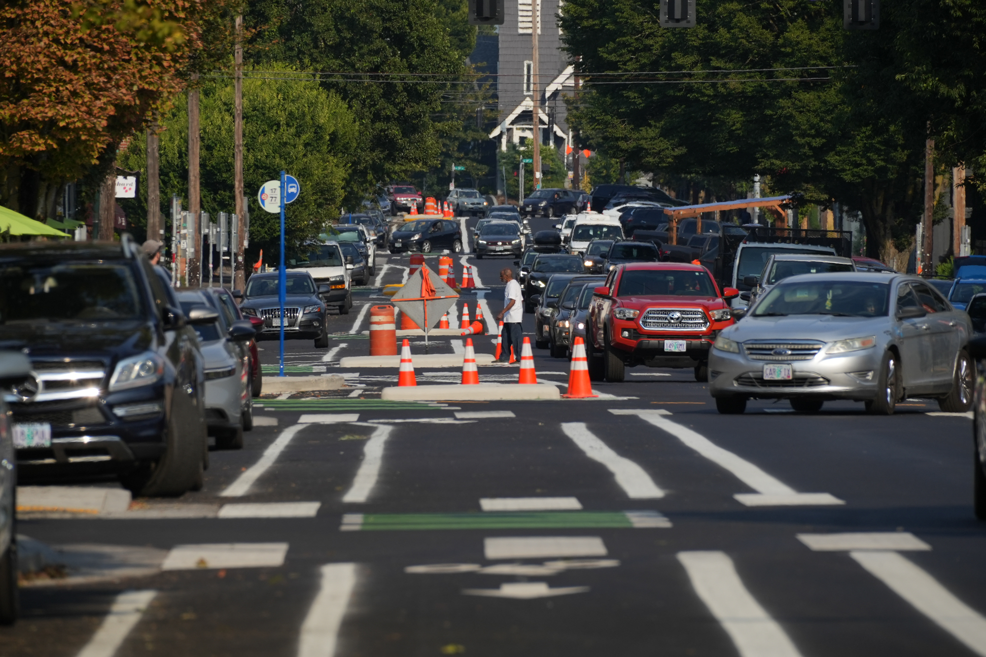 First Look at New Bike Lane — and One Less Car Lane — on NE Broadway