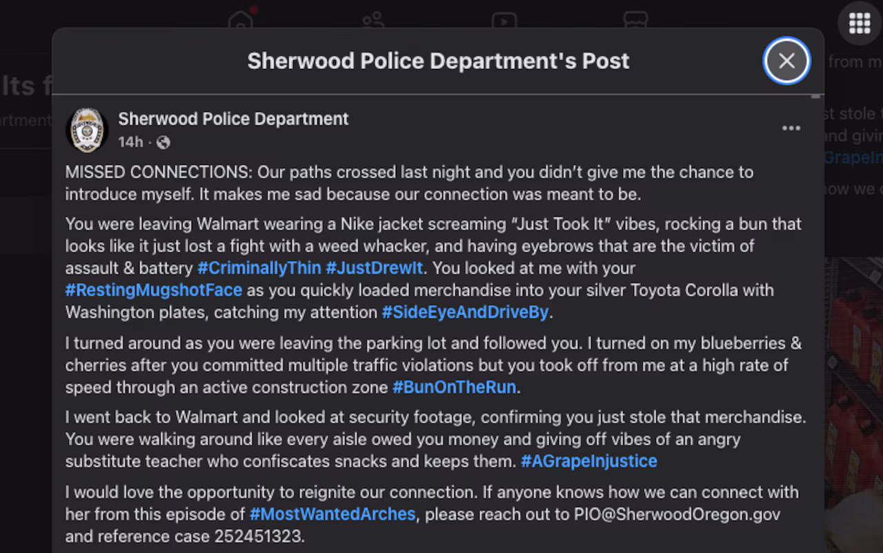 Oregon Police Department’s ‘Missed Connections’ Post About Suspected Walmart Thief Sparks Debate