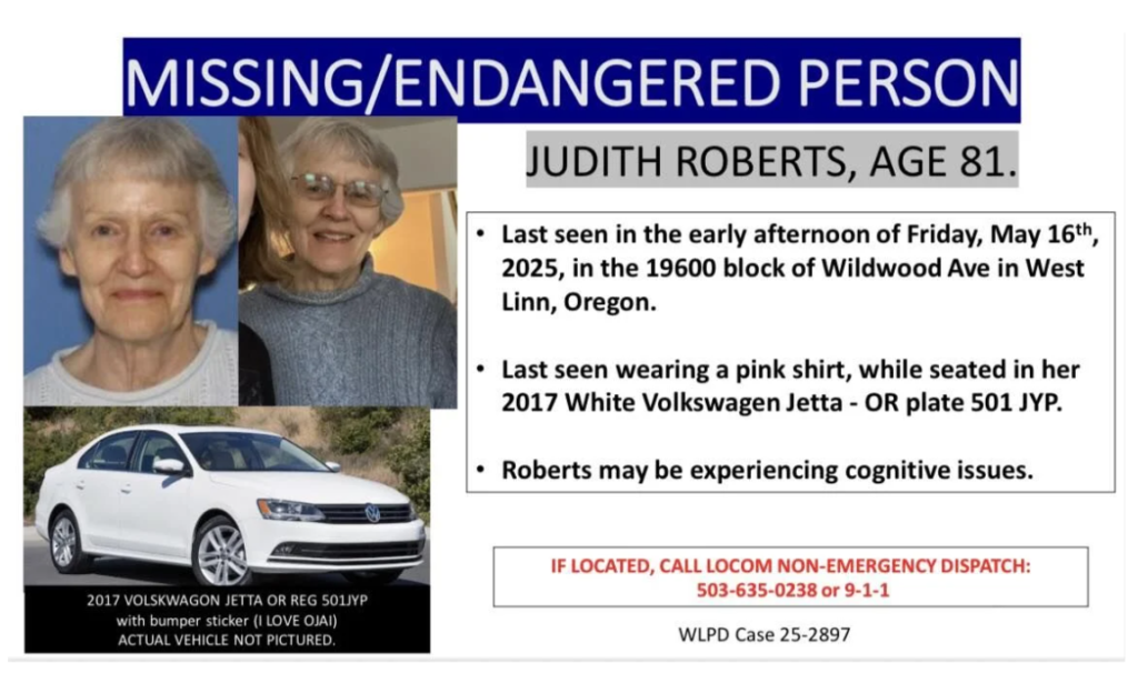 Vehicle of Missing Woman Judith Roberts Found Unoccupied in Curry County