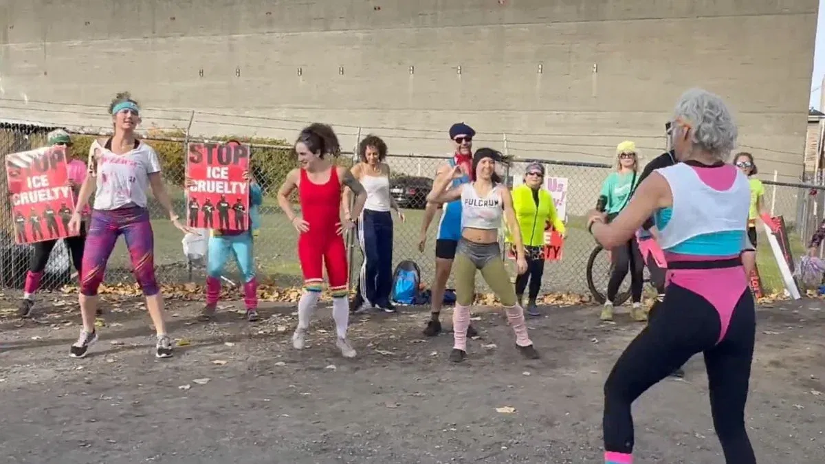 Neon-Clad Protesters Bring 80s Jazzercise Energy to Portland ICE Facility